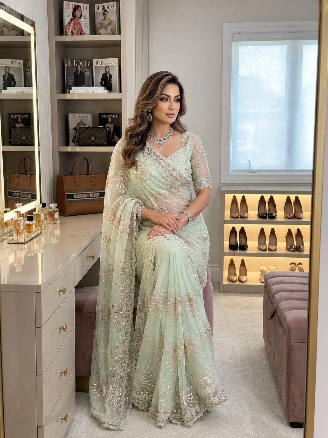 Premium Butterfly Soft Net Saree With Multi Sequence & Thread Embroidery