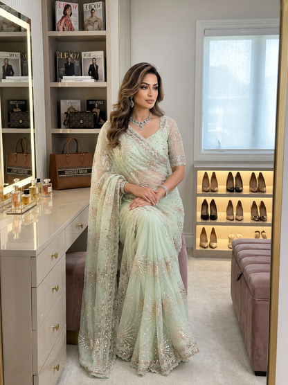 Premium Butterfly Soft Net Saree With Multi Sequence & Thread Embroidery