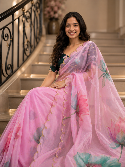 Rosy Soft Teby Silk Floral Print Saree