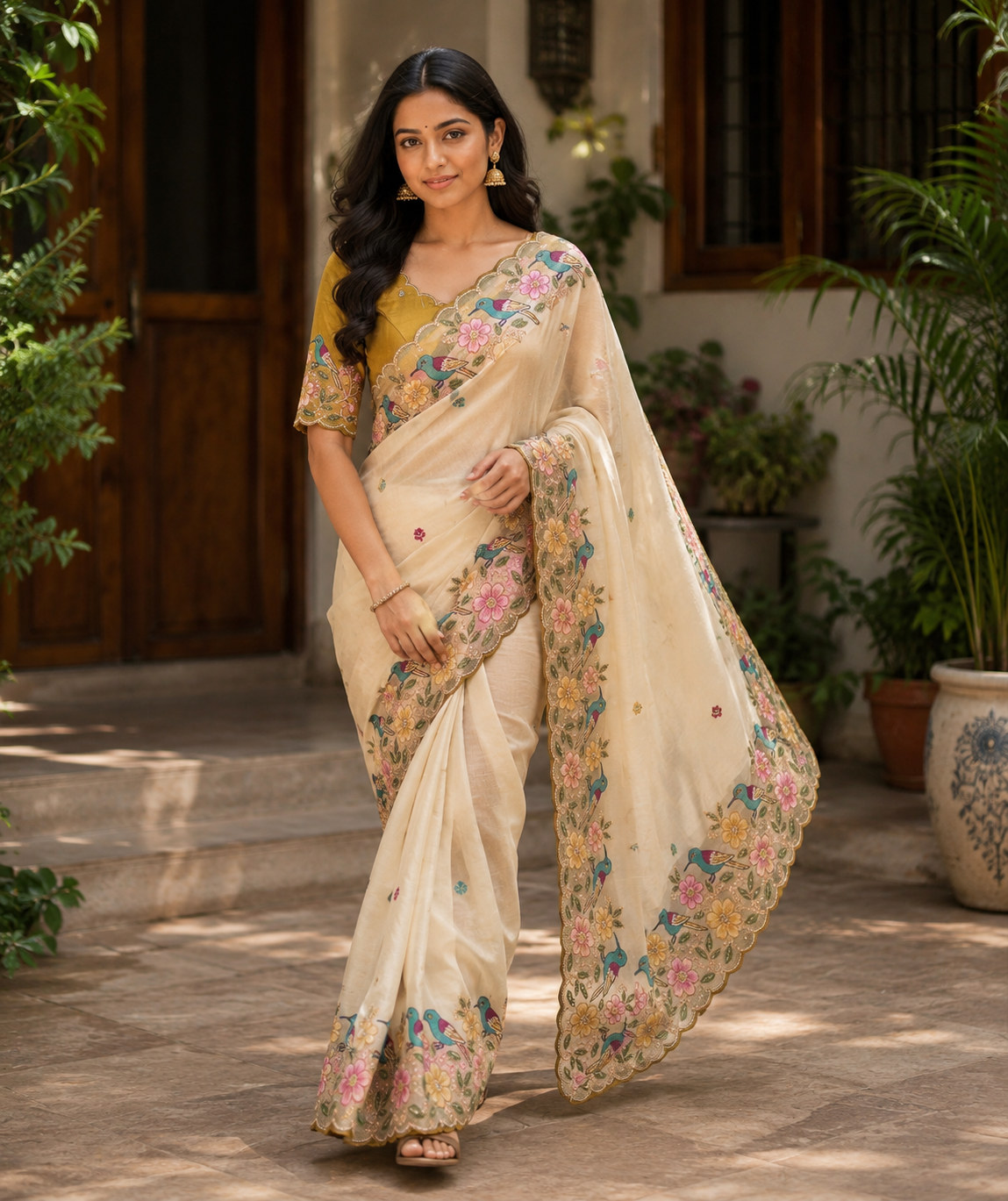 Rangoli Silk Saree with Heavy Floral Work Border & Contrast Designer Blouse