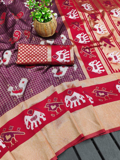 Soft Lichi Printed Saree with Elephant Border