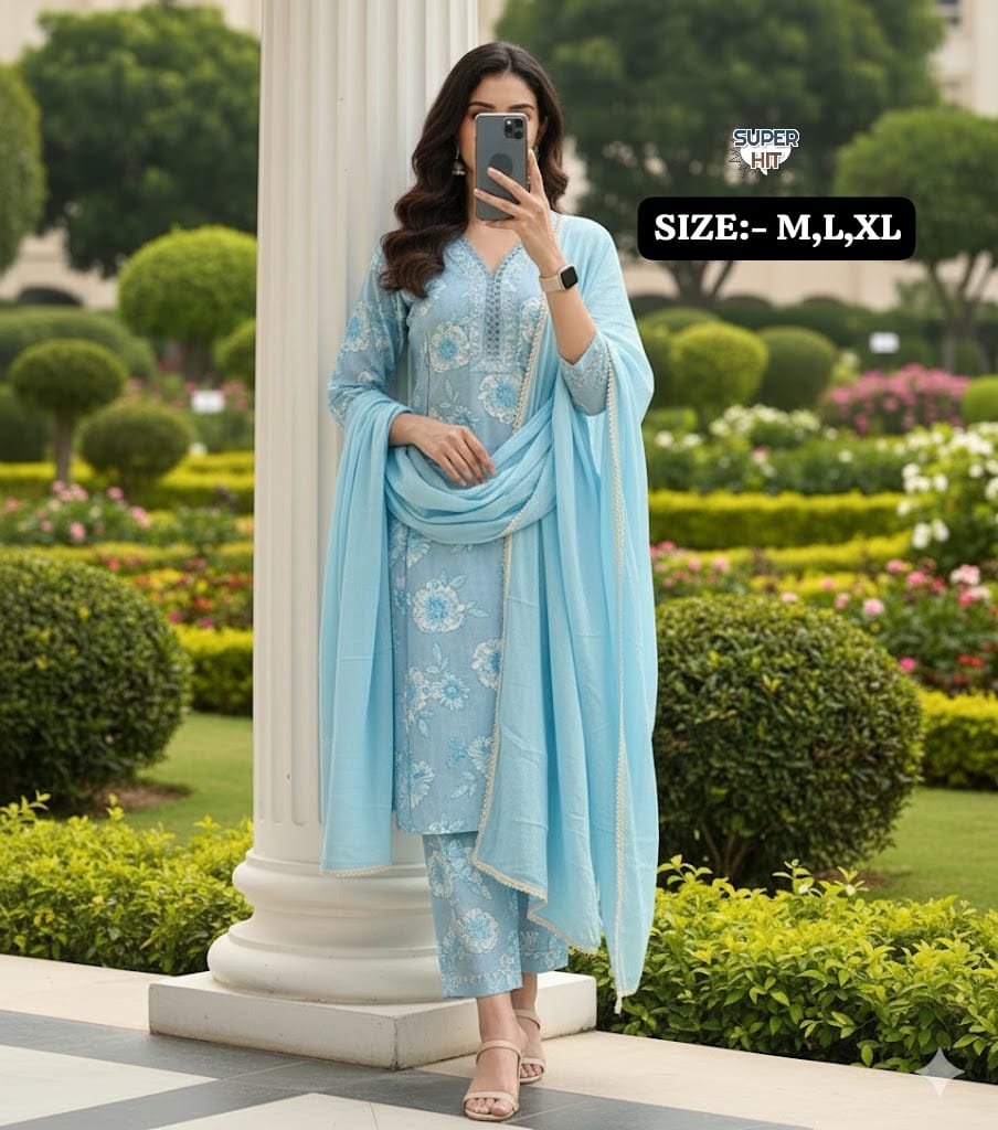 Premium Embroidered Cotton Kurti Pant Dupatta Set – Festival Wear Designer Suit for Women