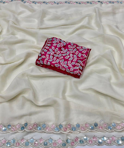 White Star Satin Georgette Handwork Saree