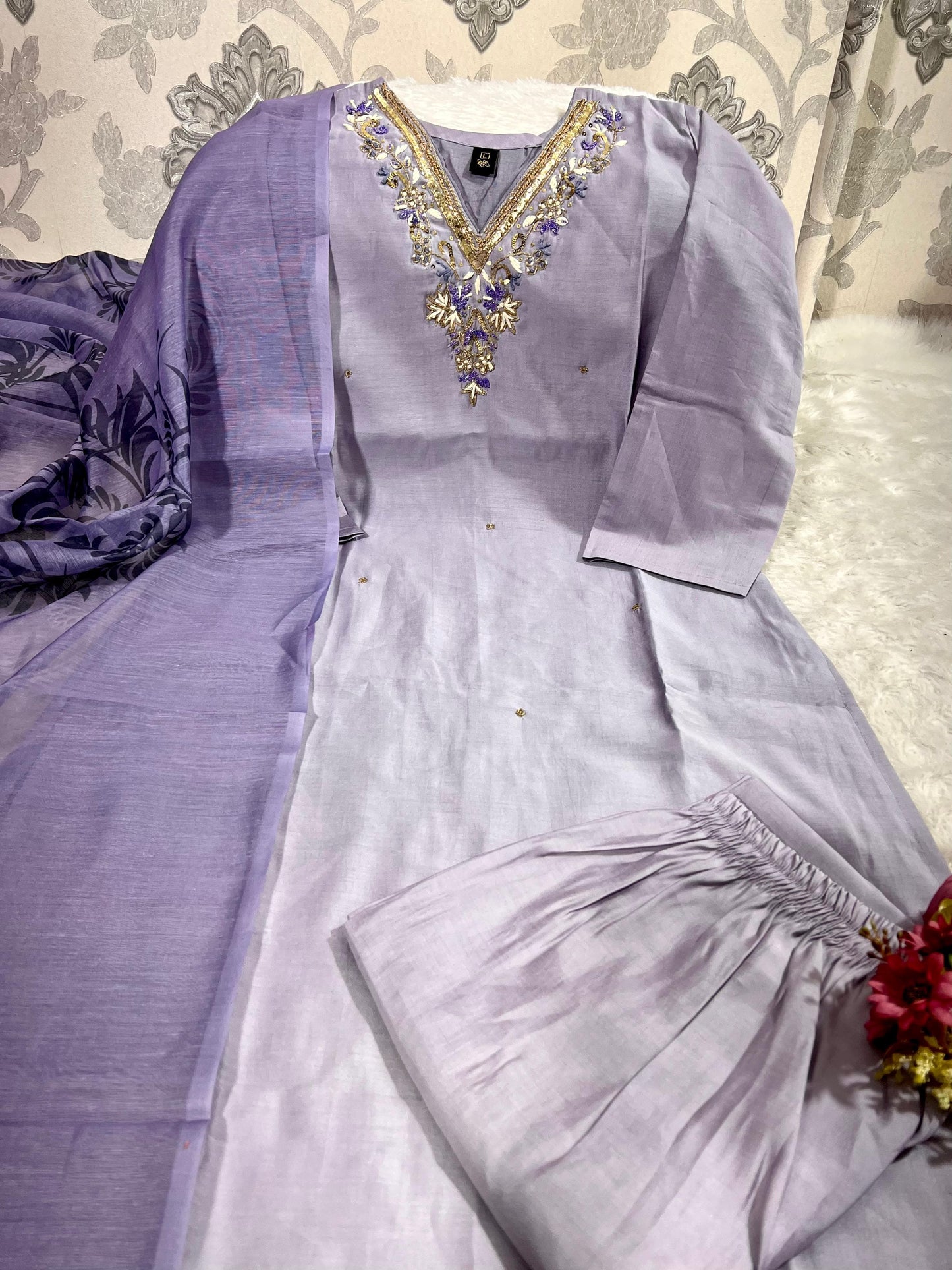 Premium Roman Silk Kurti Pant Dupatta Set with Hand Work