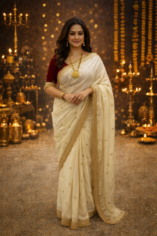 Anmol Space Satin Saree with Sequence Embroidery & Contrast Blouse