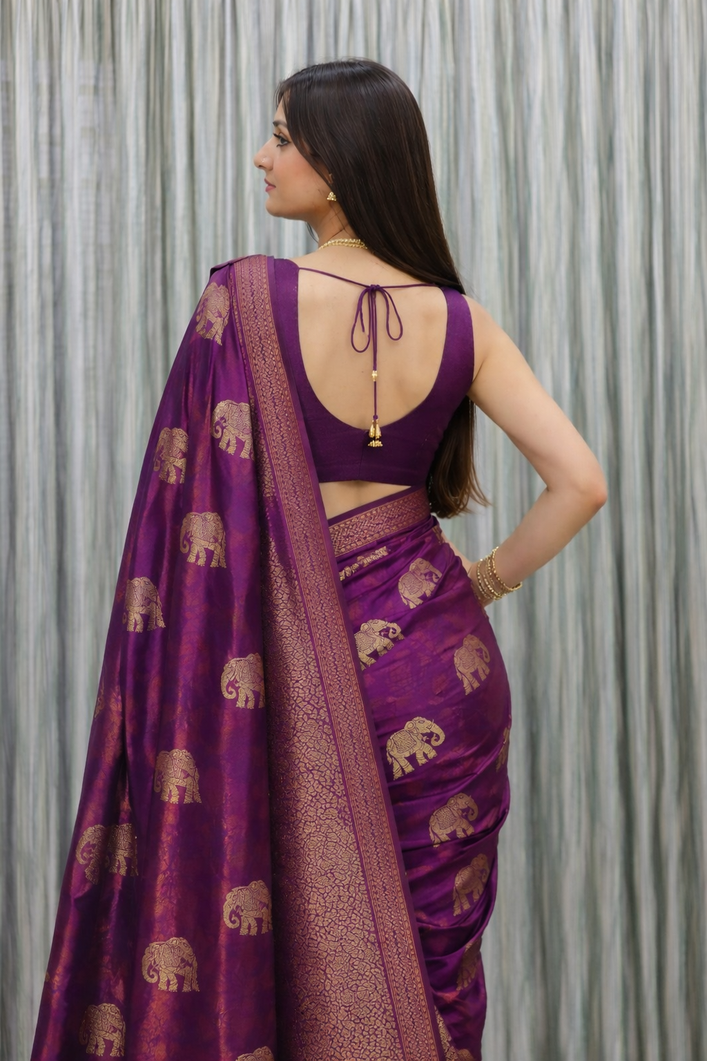 Purple Elephant Motif Jacquard Saree