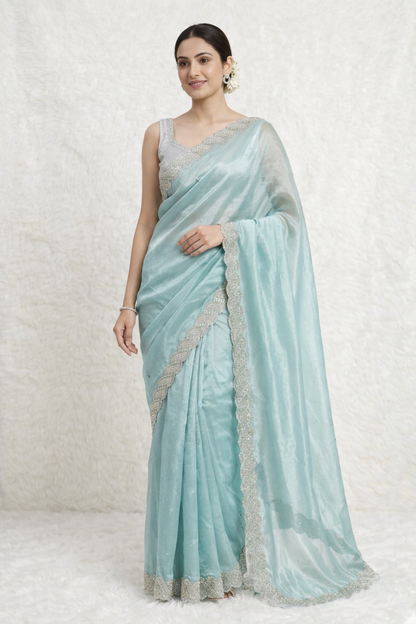 Elegant Jimmy Choo Saree with Handwork Lace Border & Cutwork Design