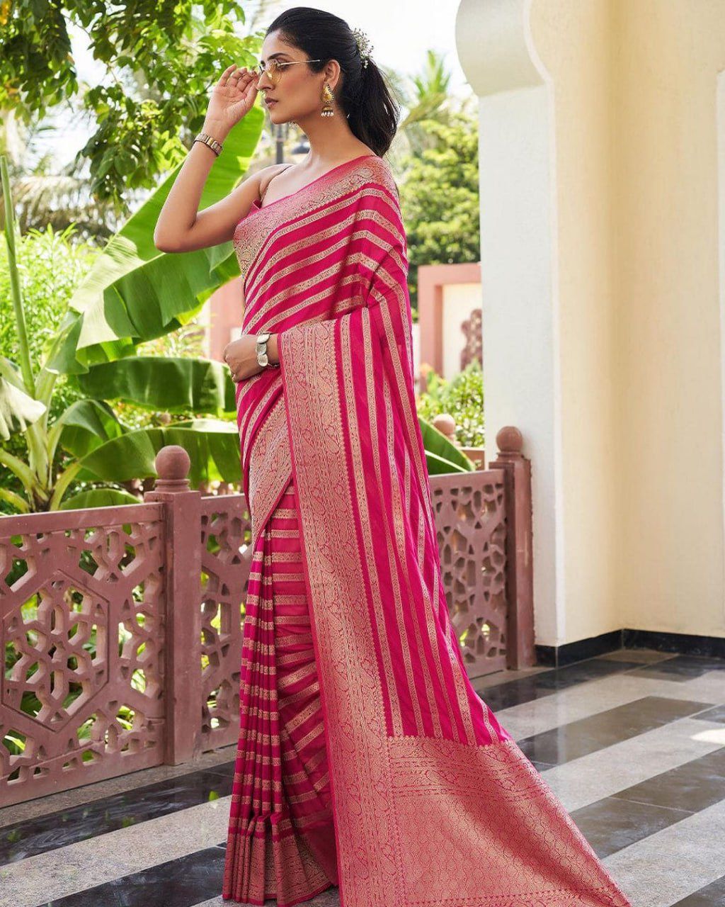 Pink Zari Stripe Work Saree