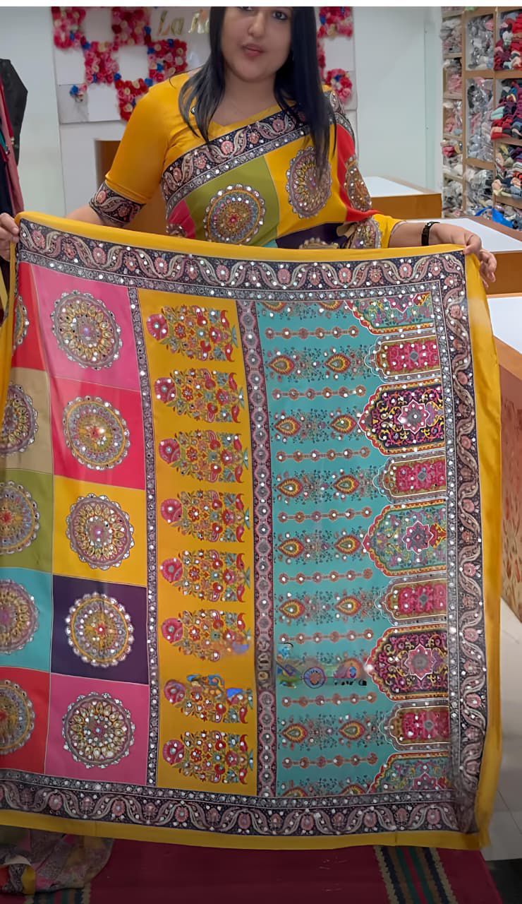 Yellow Mirror Chinon Saree with Digital Print & Mirror Work