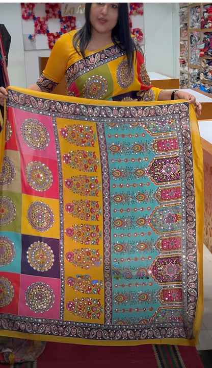 Yellow Mirror Chinon Saree with Digital Print & Mirror Work