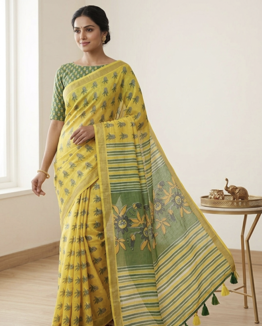 Pure Linen Chanderi Saree with Kalamkari Print & Zari Border