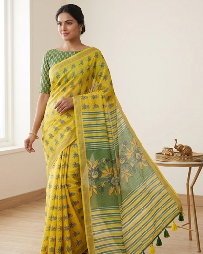 Pure Linen Chanderi Saree with Kalamkari Print & Zari Border