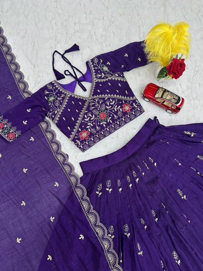 Festival Wear Heavy Embroidery Vichitra Silk Lehenga Choli Set | Red & Purple