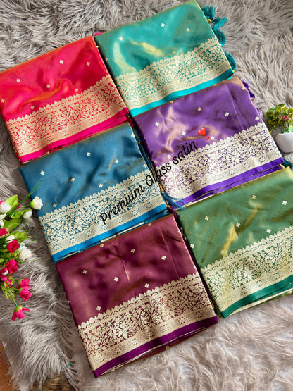 Royal Banarasi Glass Satin Silk Saree with Elegant Zari Woven Border