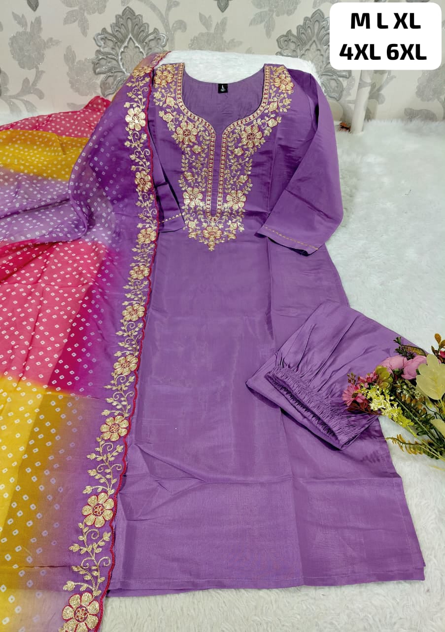 Designer Roman Silk Kurti Pant Set with Gota Patti Embroidery & Lehariya Dupatta