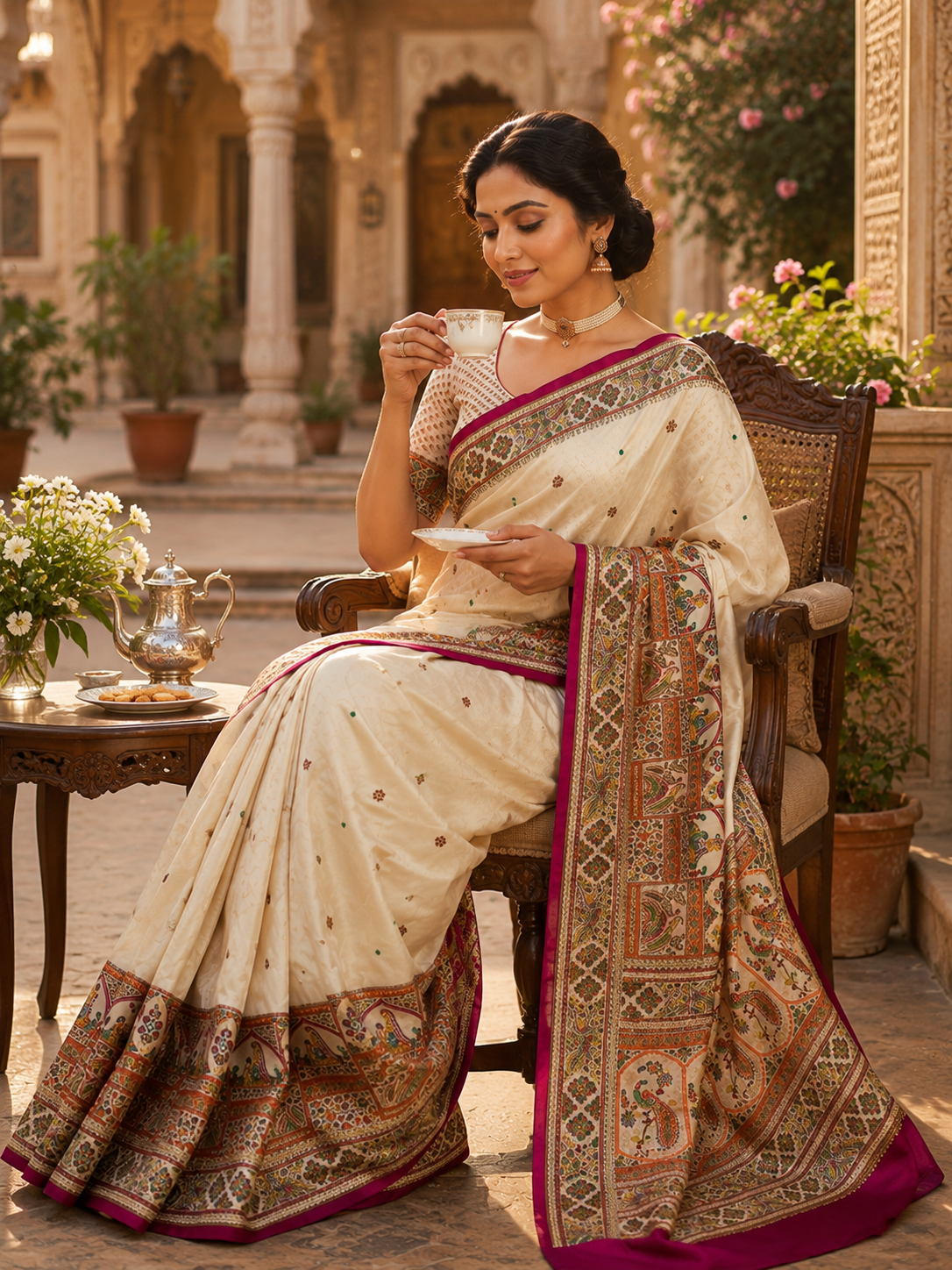 Premium Pure Moss Chiffon Saree with Peacock Floral Print & Mirror Work
