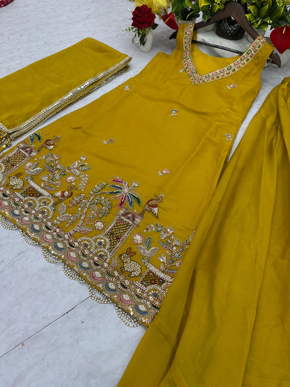 Haldi Special Designer Kurti Plazzo Dupatta Set with Moti & Embroidery Work