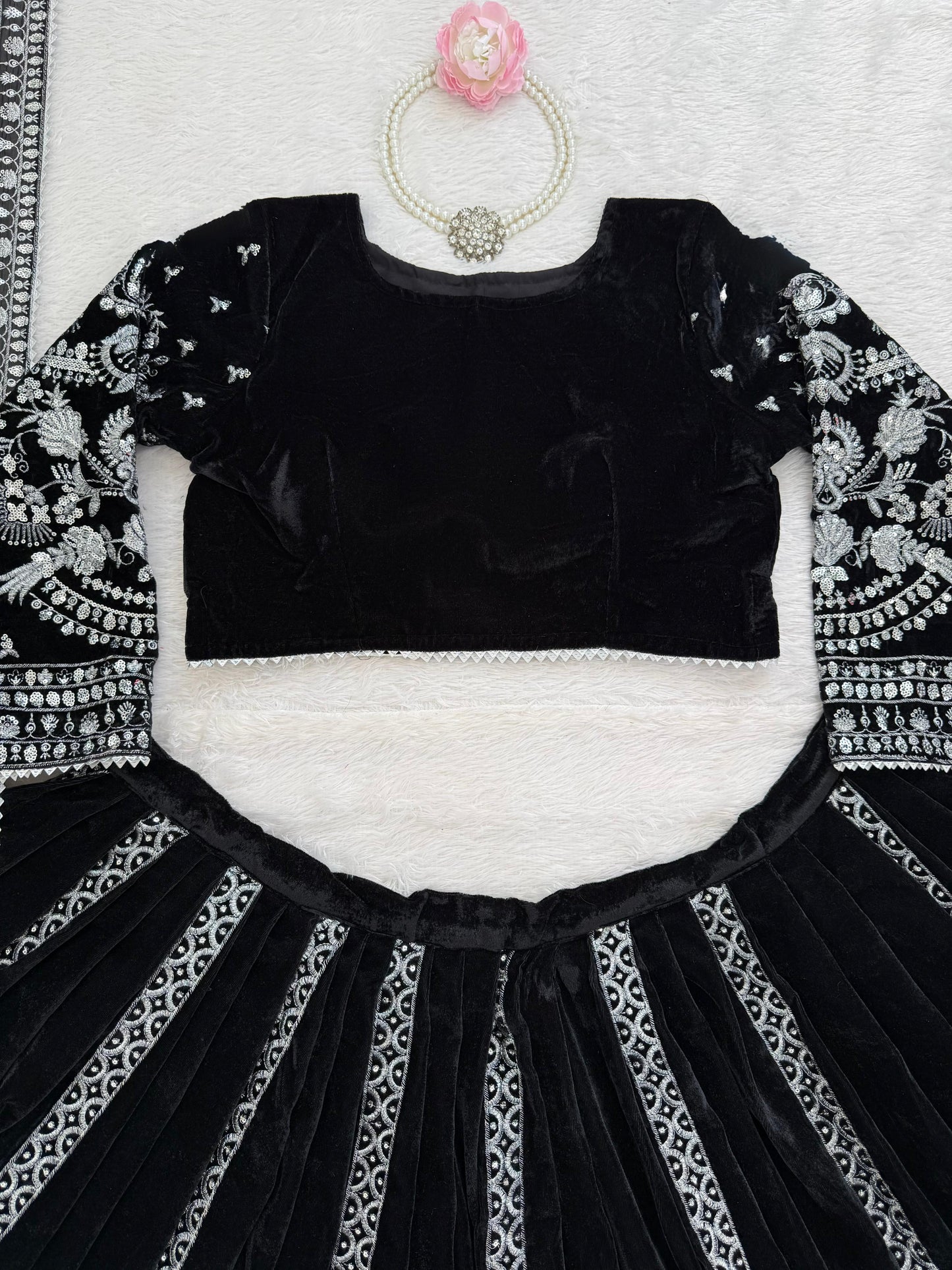 Elegant Black Velvet Lehenga Choli with Silver Thread & Sequence Work | Party Wear & Festive Collection