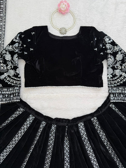 Elegant Black Velvet Lehenga Choli with Silver Thread & Sequence Work | Party Wear & Festive Collection