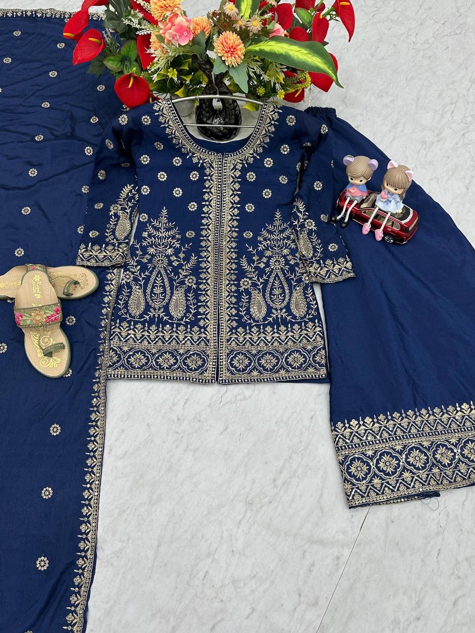 Designer Chinon Party Wear Top Plazzo Set