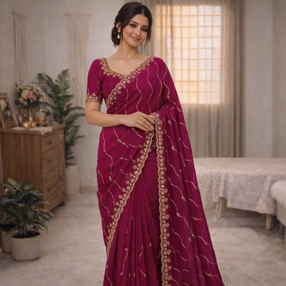 Star Georgette Saree with Multi Sequins Embroidery & Designer Blouse