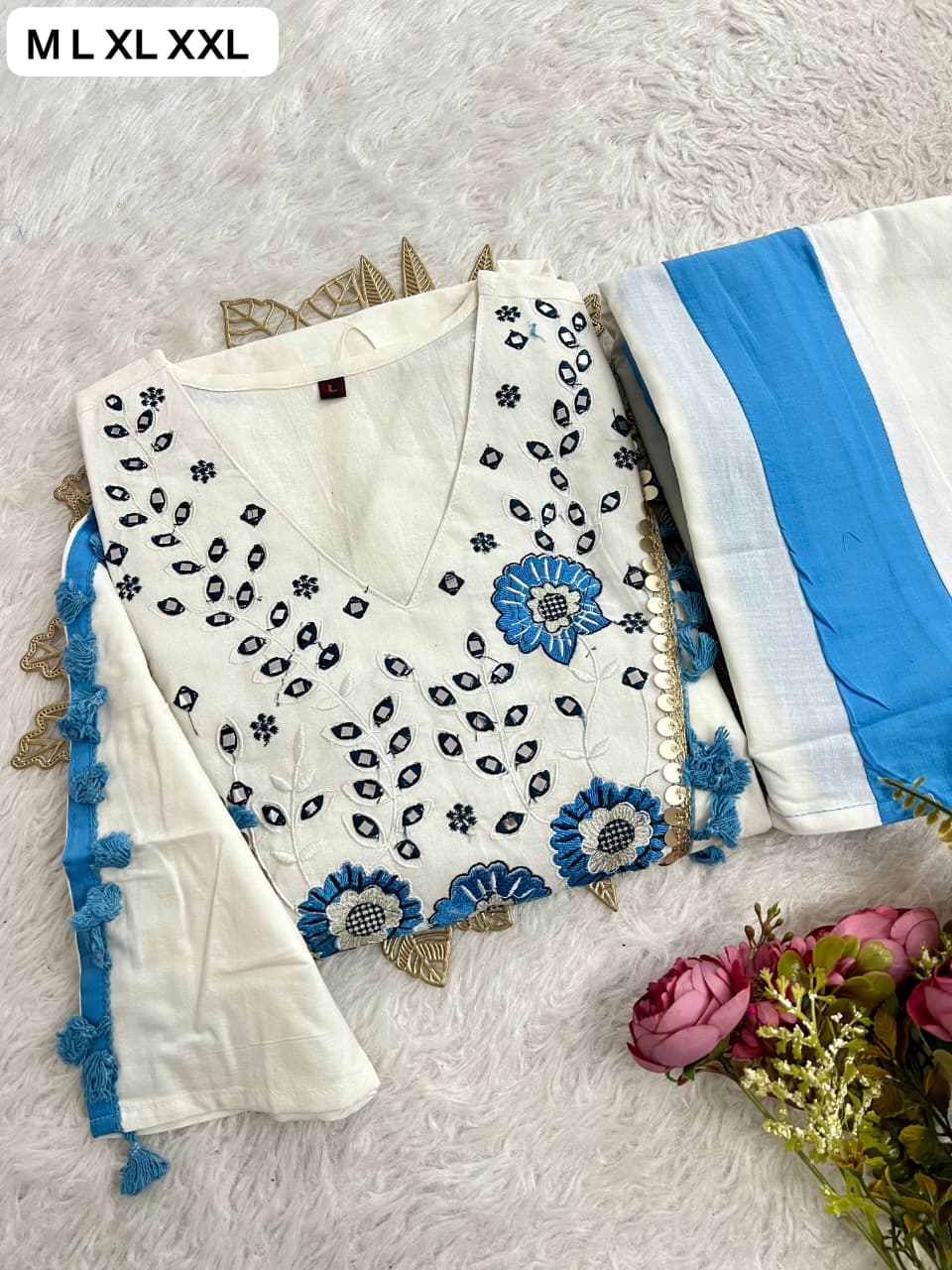 Cotton Natural Flax Mirror Work Cord-Set for Women – Embroidered Designer Top with Palazzo Pant (Cream Brown & Cream Blue)