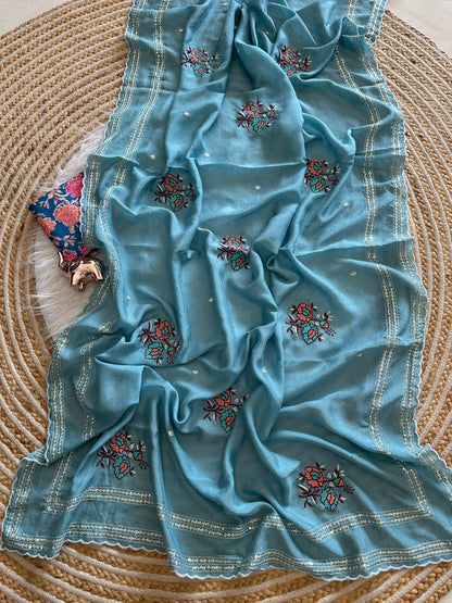 Star Georgette Saree with All Over Floral Embroidery & Digital Print Blouse