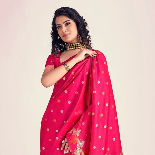 Rani Pink Butterfly Printed Silk Look Saree
