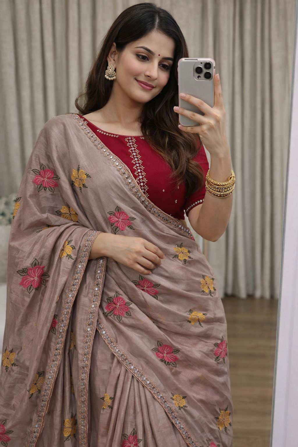 Chinon Silk Embroidery Saree