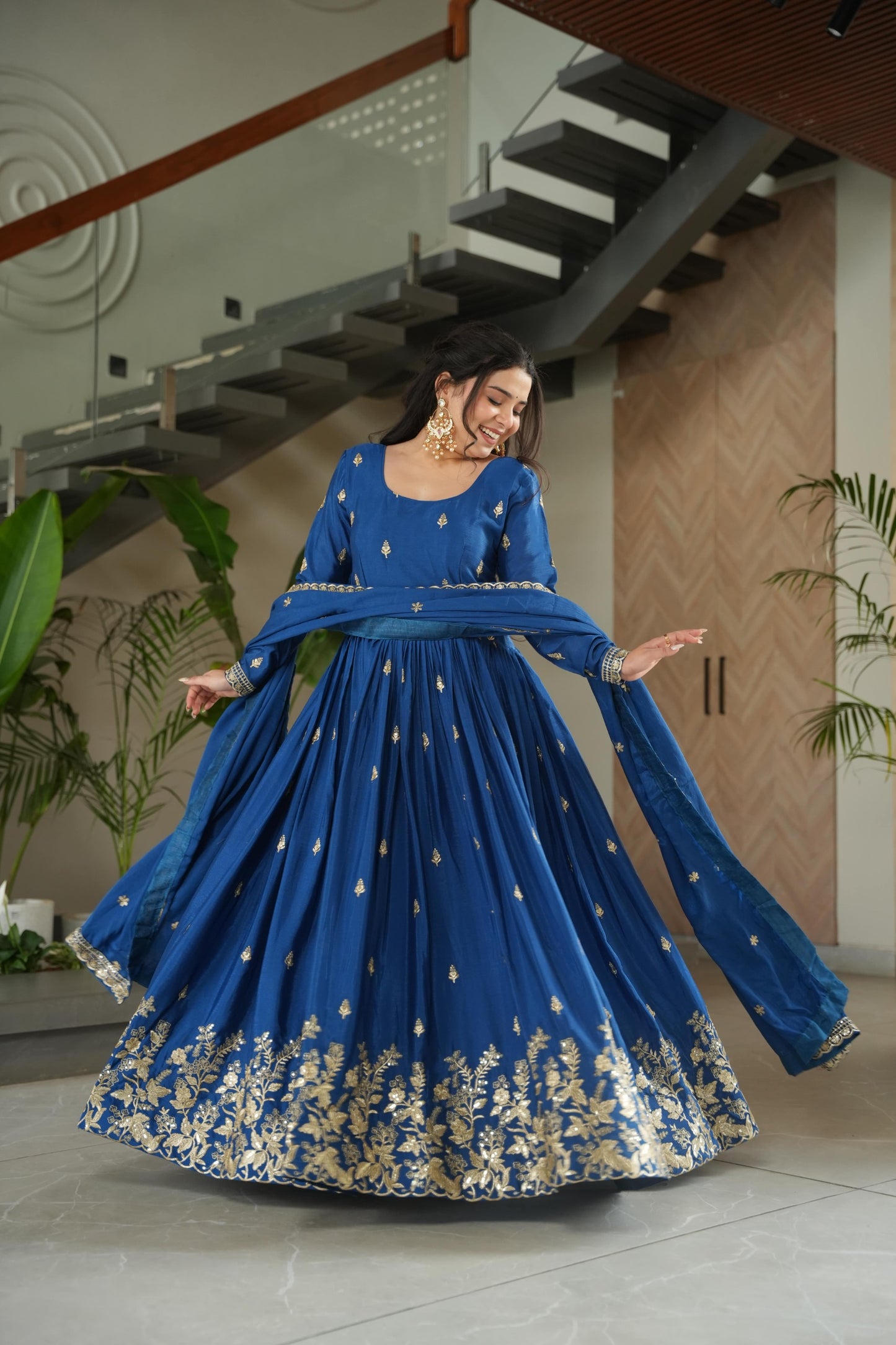 Premium Designer Embroidered Chinnon Gown with Dupatta – Royal Blue & Wine
