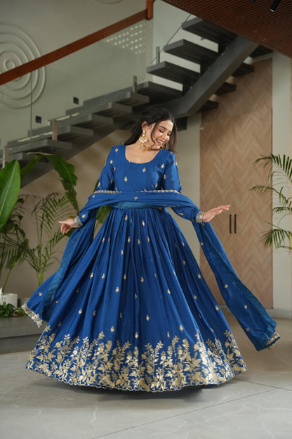 Premium Designer Embroidered Chinnon Gown with Dupatta – Royal Blue & Wine