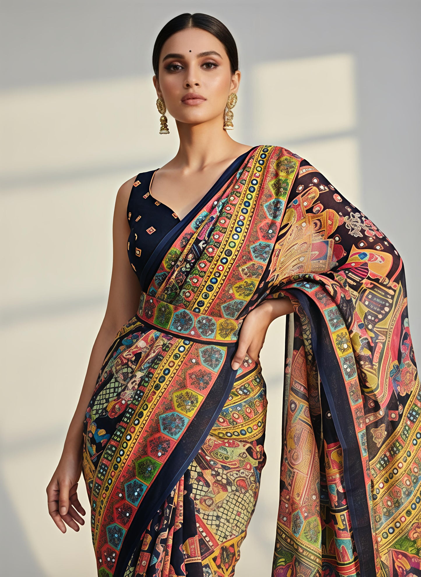 Heavy Masakali Georgette Digital Print Saree with 3000+ Mirror Work