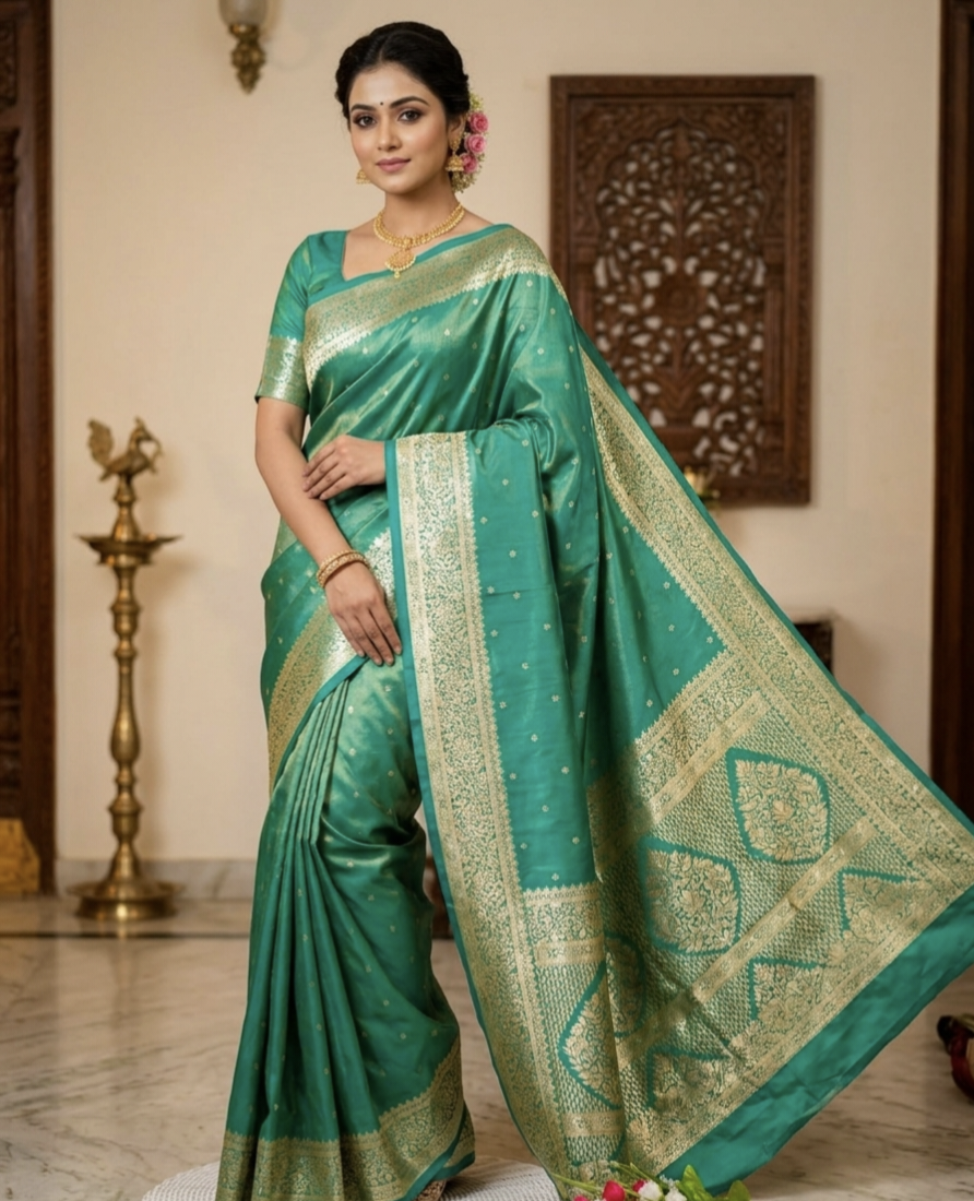 Royal Banarasi Glass Satin Silk Saree with Elegant Zari Woven Border