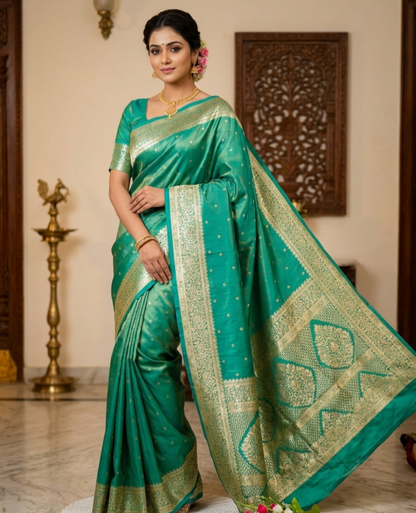 Royal Banarasi Glass Satin Silk Saree with Elegant Zari Woven Border