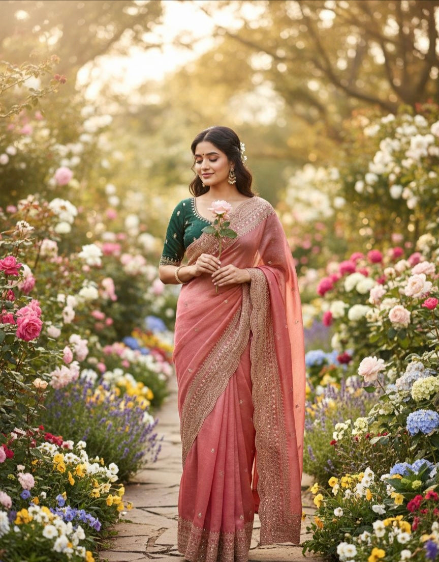 Elegant Space Chiffon Embroidery Saree with Scallop Border