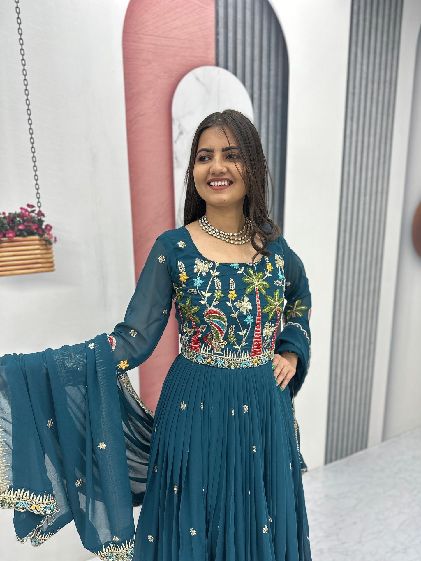Embroidered Georgette Festive Gown with Dupatta