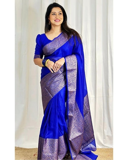 Royal Blue Saree with Silver Woven Border