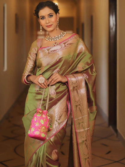 Pure Gold Zari Lichi Silk Saree