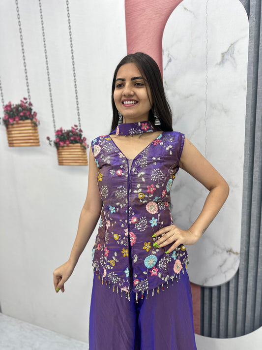 Purple Tissue Embroidery Palazzo Set with Dupatta