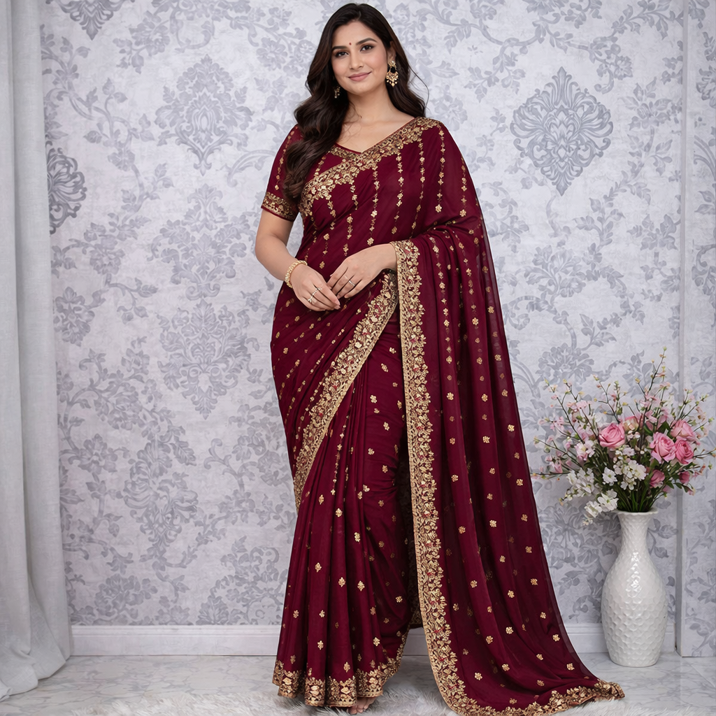 Star Georgette Sequence Embroidery Work Saree with Running Blouse