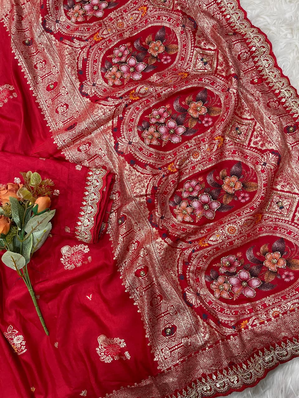 Gulmohar Dola Silk Saree with Zari Weaving & Cutdana Handwork Border