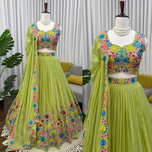 Parrot Green Floral Embroidered Organza Silk Lehenga Choli with Dupatta