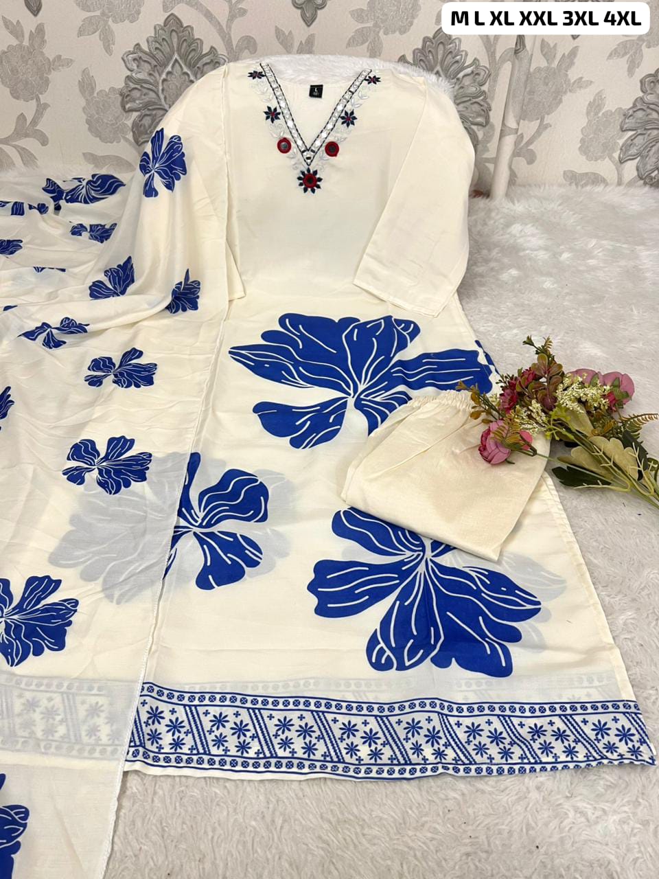 Best Seller Muslin Silk Kurti Pant Dupatta Set | Floral Print | M–4XL