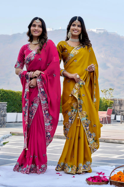 Pure Satin Chiffon Embroidery Wedding Saree with Latkan & Mono Silk Blouse – Festival Special