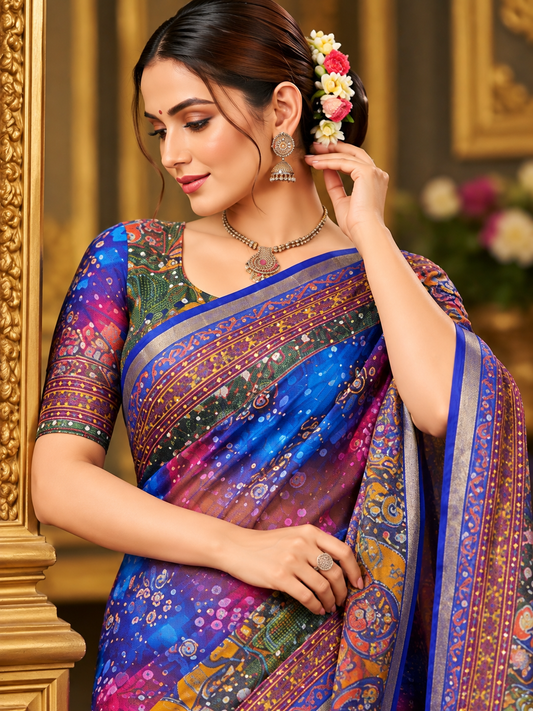 Premium Mirror Work Soft Georgette Saree with Jacquard Border & Running Blouse
