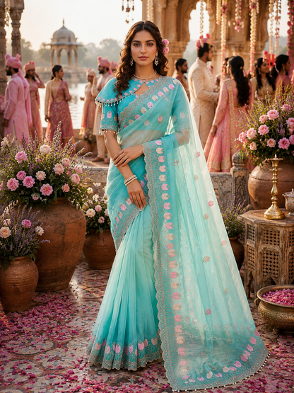 Lotus Soft Fendy Satin Saree With Embroidery Sequence & Thread Work Border