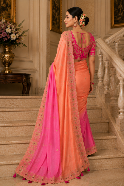 Soft Space Silk Shaded Saree with Hand Mina, Sequins & Zari Embroidery | Full Stitch Blouse