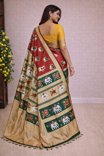 Soft Lichi Printed Saree with Elephant Border