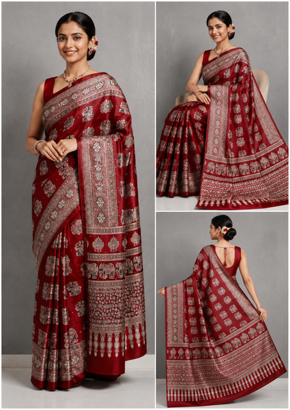 Elegant Ajrakh Pure Gajji Bandhej Soft Silk Saree With Mirror Work