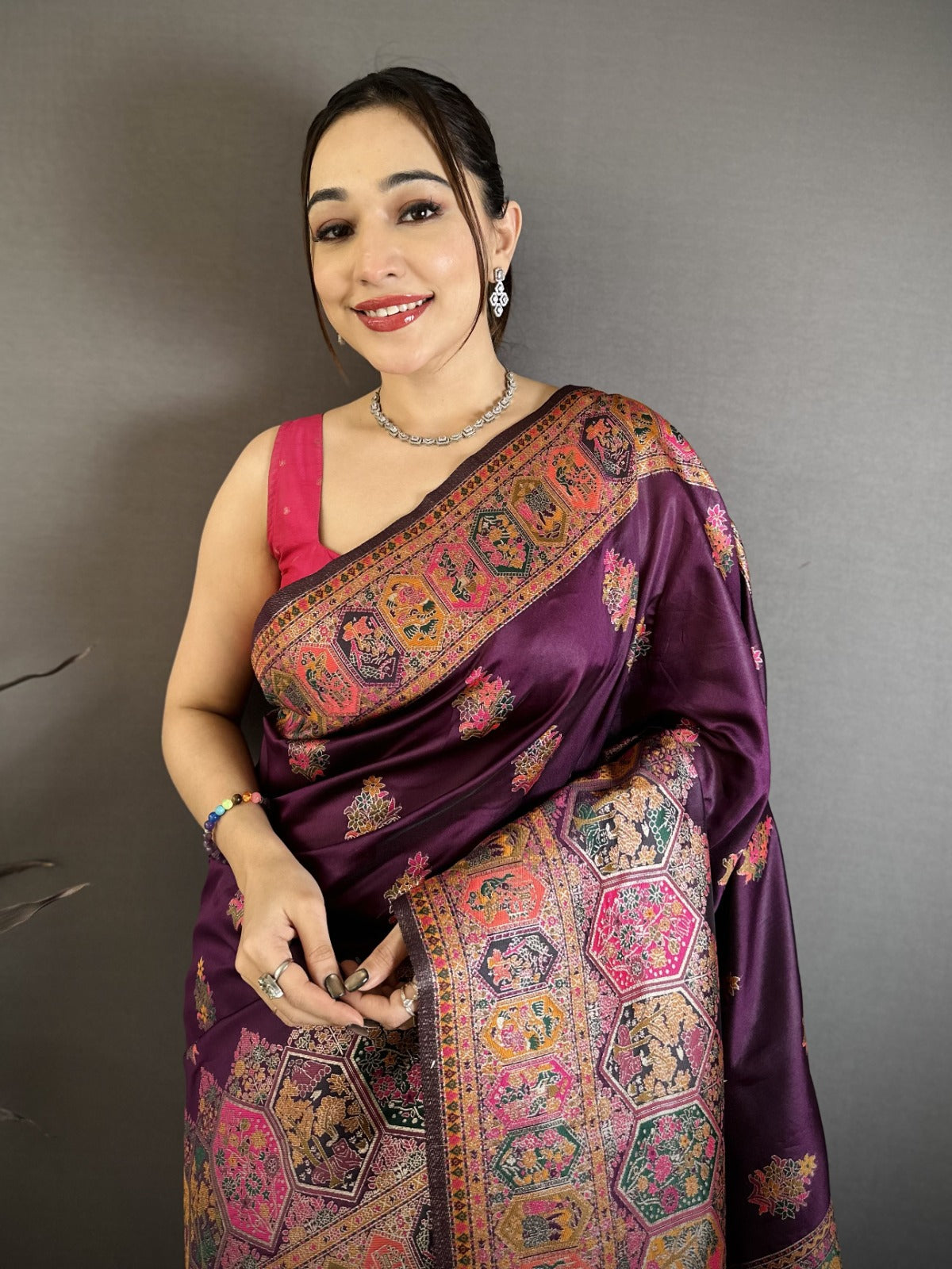Pashmina Silk Kashmiri Saree With Meenakari Zari Weaving Border & Rich Pallu